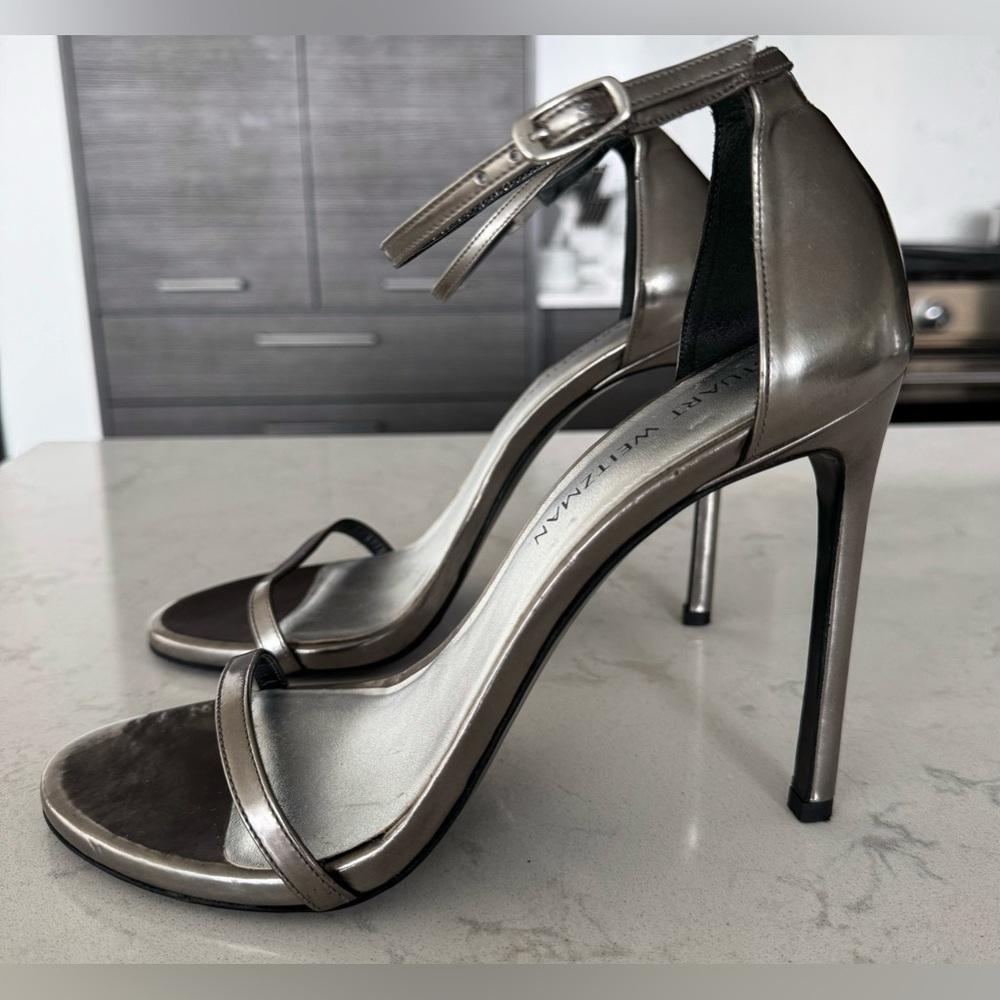 Stuart Weitzman Nudist Heel Sandals Size 9.5 Metallic Gunmetal Worn Once